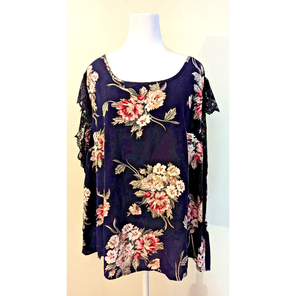 New Bloomchic plus sz 18 Blouse lacy short sleeves blue floral print LND1